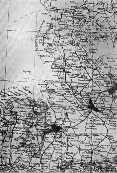 Map Which Private Simmons Got from the Canadian Artist At Giessen, and Which Was Sewed Inside the Pasteboard of his Cap. His Successful Journey from Selsingen to Holland is Indicated by the Dotted Line ............   The Unsuccessful Attempt is Shown ---------- From Oldenburg