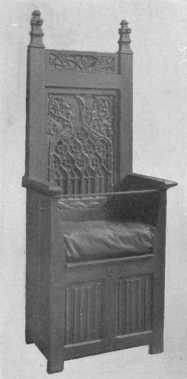 By courtesy of the Metropolitan Museum of Art  This Gothic chair of the 16th century shows the beautiful linen-fold design in the carving on the lower panels, and also the keyhole which made the chest safe when traveling