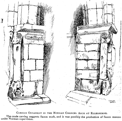 Curious Ornament in the Norman Chancel Arch at Ellerburne. The crude carving suggests Saxon work, and it was possibly the production of Saxon masons under Norman supervision.