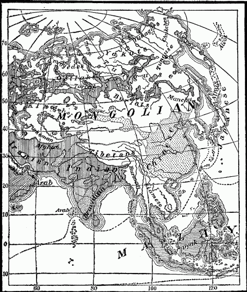 Ethnographical Map Of Asia. Vertical Shading in the North is Slav.