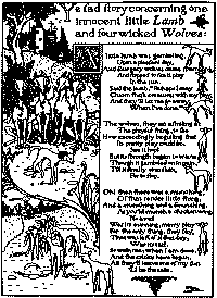 The illustrations show small insets of the lamb dancing, the four wolves sitting and watching the lamb dance, and finally a group of lambs looking at its tail as the wolves run away.