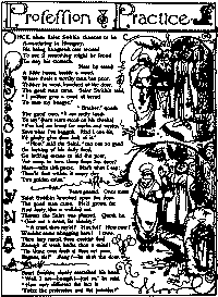 This full page poem has the saint at the door of a thin man with empty purse, then at the door with the man well fed and full purse, and finally the saint alone scratching his head.