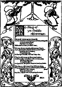 This is an illustrated poem, with the top half being an old woman going up then down a hill. The bottom is the poem, with court jesters on either side, left side titled Hope in Adversity, right titled Fear in Prosperity.