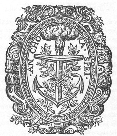 Printer's mark of Richard Field, as shown on the title-page of the first edition of ShakespeareVenus and Adonis," 1593, the unique copy of which is in the Bodleian Library, Oxford. A hand emerging from a cloud upholds the " Anchor of Hope," about which are twined two laurel branches.