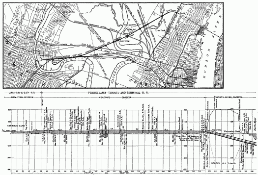 PLATE XVI.—Plan and Profile of the Pennsylvania Tunnel & Terminal R. R., from Harrison, N. J., to the Hudson River