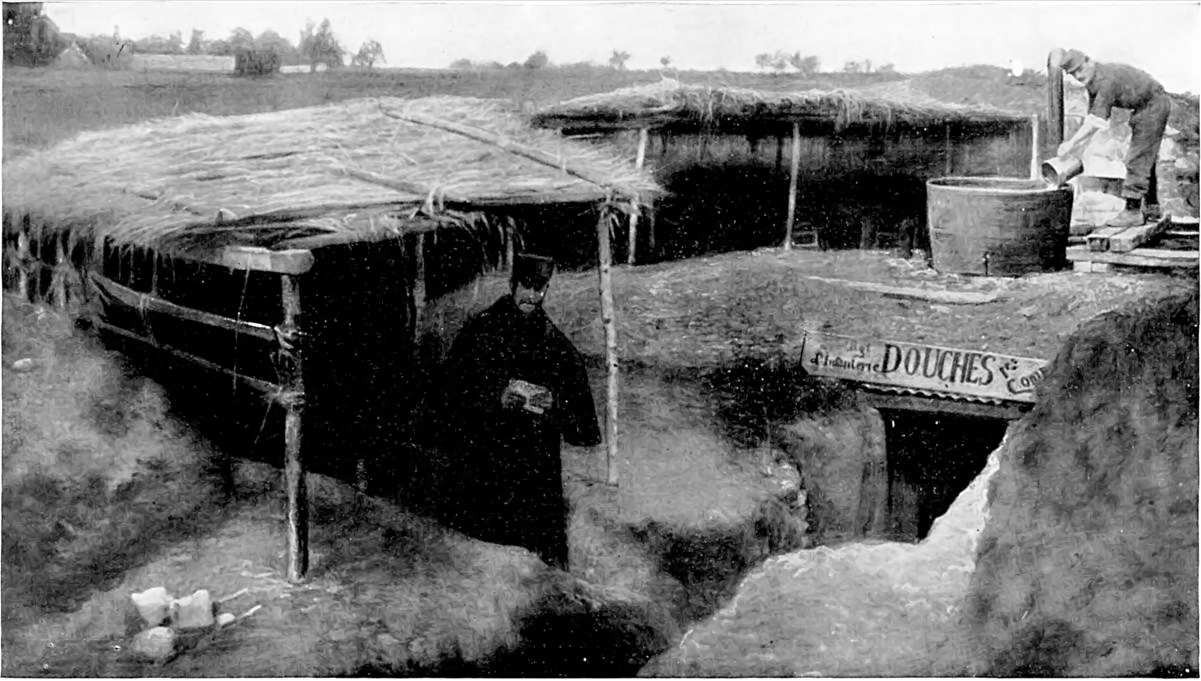 SYBARITISM IN THE TRENCHES! A HOT SHOWER-BATH ESTABLISHMENT INSTALLED BY AN INGENIOUS FRENCH ENGINEER.