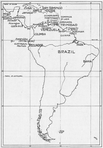 MAP OF SOUTH AMERICA AND THE WEST INDIES. Only cacao-producing areas are marked.