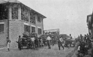 WAGON LOADS OF CACAO BEING TAKEN FROM MESSRS. CADBURY'S DEPOT TO THE BEACH, ACCRA.