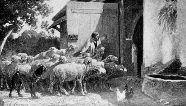 A shepherd guides his flock of sheep towards the open door of a barn. Trees are in the background, and two chickens stand near what appears to be a circular dressed stone trough in the foreground, which stands by the wall of the barn, next to the doorway.