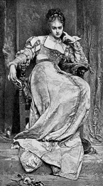 A well-dressed woman reposes in a high-backed wooden chair. The small part of the room visible seems sumptuously appointed, with rich curtains behind the woman. She rests her left elbow on the chair arm, one fingertip touching the side of her face, while the other arm hangs over the chair arm, the hand limply holding a small book.