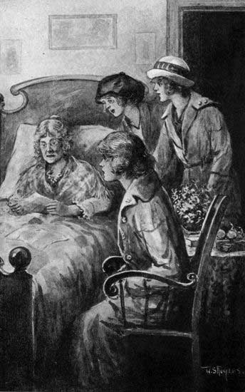 The three girls bent eagerly over Mrs. Bragley as she opened one paper after another. (See page 65)