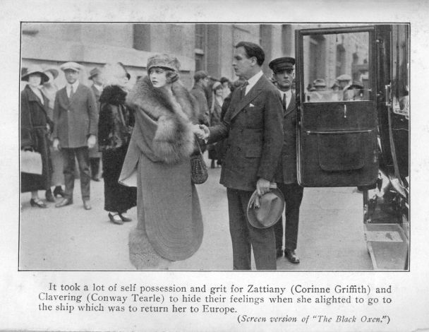 It took a lot of self possession and grit for Zattiany (Corinne Griffith) and Clavering (Conway Tearle) to hide their feelings when she alighted to go to the ship which was to return her to Europe. (_Screen version of "The Black Oxen."_)