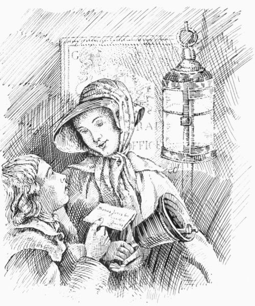 The Letter Woman.   (From an old print.)  This simple Boy has lost his Penny, And She without it won't take any; What can he do in such a plight? This Letter cannot go to-night.   Printed by Carrington Bowles, 69, St. Paul's Churchyard, London.