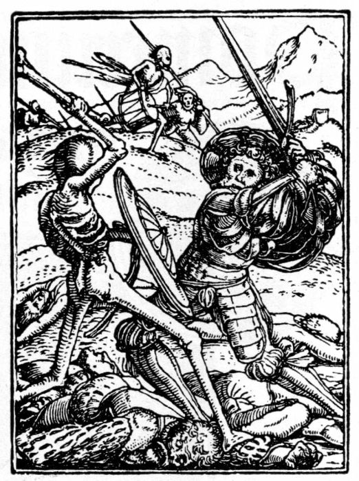 Figure 5.—Example of the Woodcut Style that Created Facsimile Drawings. Woodcut (actual size) by Hans Lutzelburger, after a drawing by Holbein for his "Dance of Death," 1538.