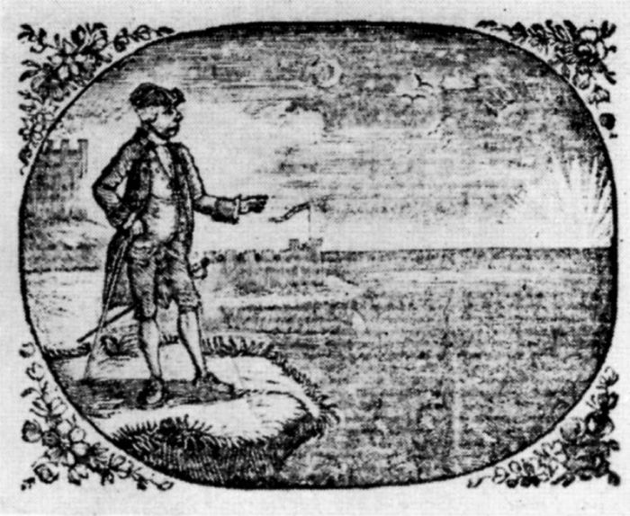 Figure 7.—Wood Engraving by Thomas Bewick, "The Man and the Flea," for Fables, by the late Mr. Gay, 1779. (Actual size.) Note how the closely worked lines of the sky and water have blurred in printing on laid paper. The pale vertical streak is caused by the laid mould.