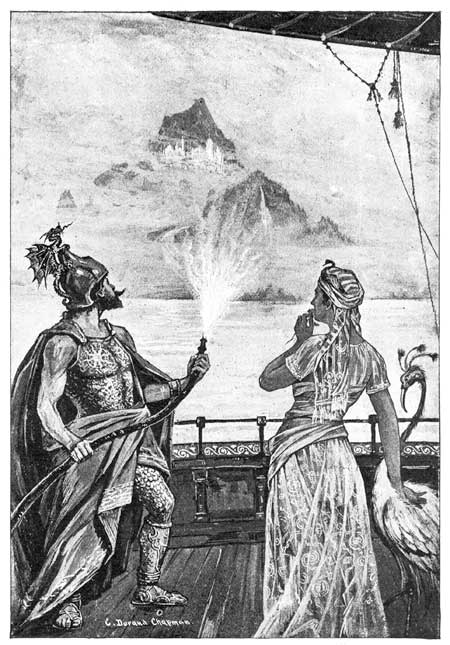 "BY VIRTUE OF THE SPIRIT POWER IN THIS CABLE," SAID THE SORCERER, "I WILL THAT THE MAGICAL ISLAND OF ARJEELS SHALL RISE ABOVE THE WAVES."