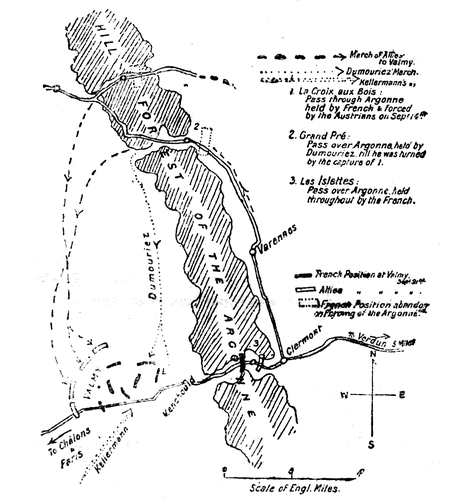 Sketch Map, showing the turning of the positions on the Argonne and the Cannonade at Valmy, September 1792.