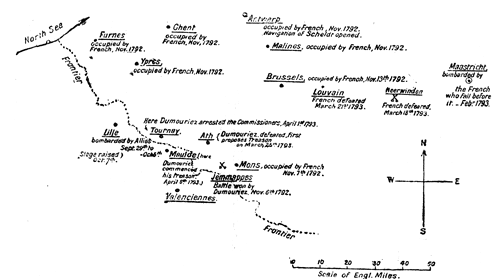 Sketch Map of towns occupied by French in 1792 and evacuated in March 1793, with sites of battles of Jemappes and of Neerwinden, and of Dumouriez' treason.