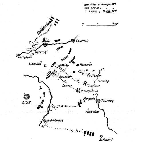 Tourcoing. May 16 to 18, 1794. The breakdown of the attempt of the Allies to cut off the French near Courtrai from Lille was due to their failure to synchronise They should have been in line from A to B at noon of the 17th with Clerfayt at C.