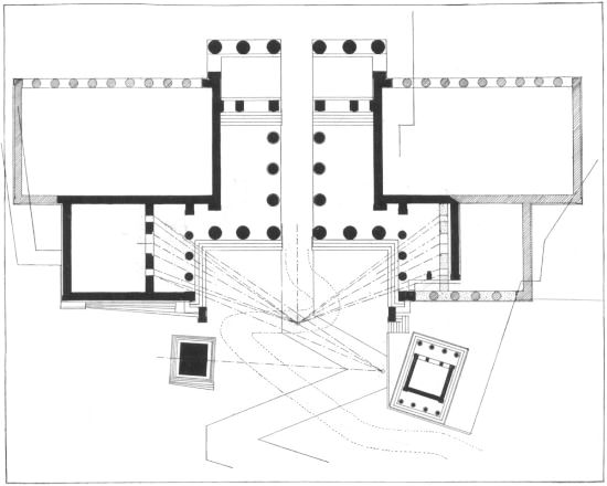 Figure 4  Plan of the Propylaea showing the zigzag road, the conjectured road (in dotted lines), and the original form of the S.W. wing