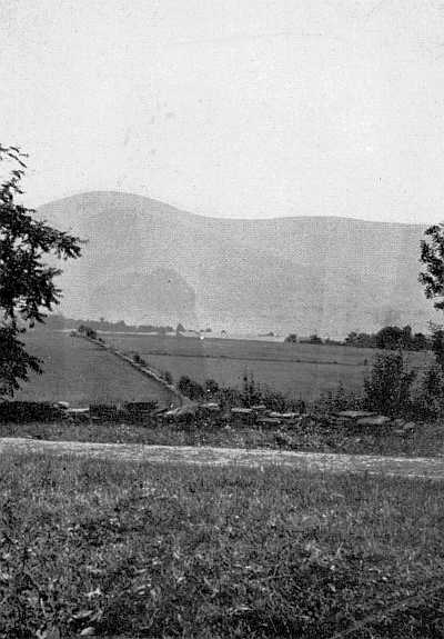 THE OLD STONE WALL IN FRONT OF THE BURROUGHS HOME, BUILT BY DEACON SCUDDER. THE CATSKILLS DIMLY SHOW IN THE DISTANCE