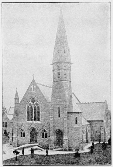 Stone church with tall steeple