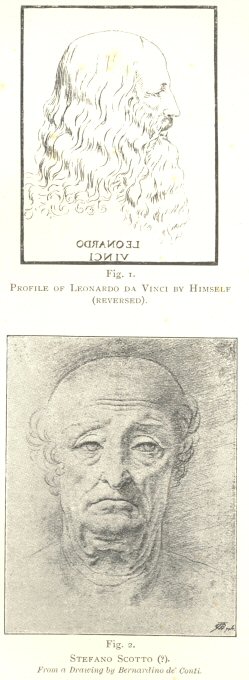 Plate XIX.  Fig. 1.  Profile of Leonardo da Vinci by Himself (reversed).  Fig. 2.  Stafano Scotto (?).  From a Drawing by Bernardino de’ Conti