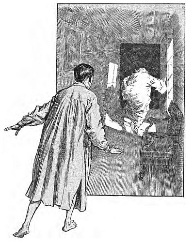 Man in nightshirt watching another man in nightshirt climb out of a window