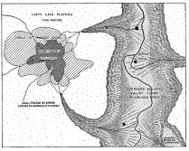 Fig. 26—Regional diagram to show the physical relations in the lava plateau of the Maritime Cordillera west of the continental divide. For location, see Fig. 20. Trails lead up the intrenched tributaries. If the irrigated bench (lower right corner) is large, a town will be located on it. Shepherds’ huts are scattered about the edge of the girdle of spurs. There is also a string of huts in the deep sheltered head of each tributary. See also Fig. 29 for conditions on the valley or canyon floor.