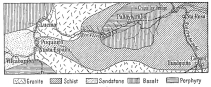 Fig. 158—Geologic sketch map of the lower Urubamba Valley. A single traverse was made along the valley, hence the boundaries are not accurate in detail. They were sketched in along a few lateral traverses and also inferred from the topography. The country rock is schist and the granite intruded in it is an arm of the main granite mass that constitutes the axis of the Cordillera Vilcapampa. The structure and to some degree the extent of the sandstone on the left are represented in Figs. 141 and 142.