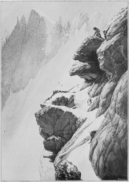 The finding of the last bivouac of Messrs. Donkin and Fox in the Caucasus. (P. 116.)  From a drawing by Mr. Willink after a sketch by Captain Powell. Taken, by kind permission of Mr. Douglas Freshfield, from “The Exploration of the Caucasus.”  Frontispiece.