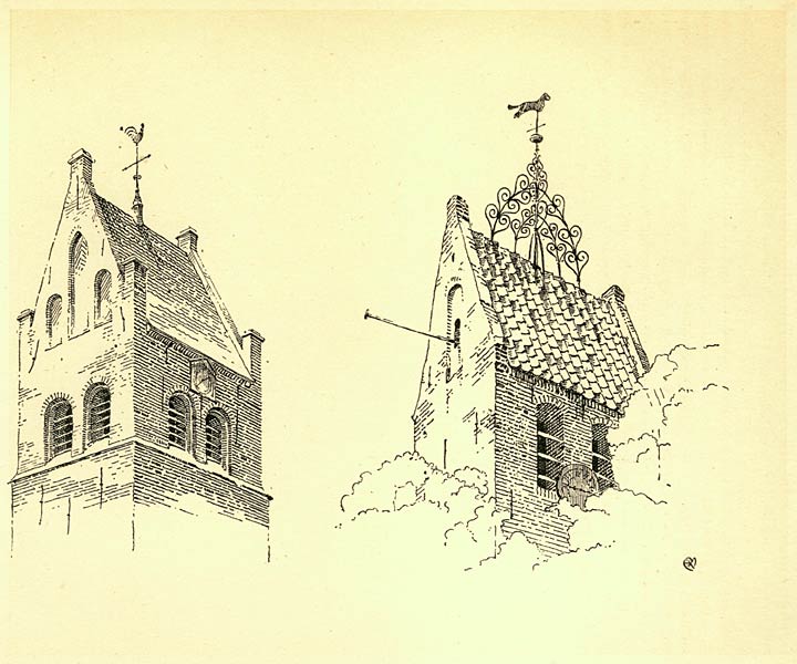 LINKS: TOREN VAN DE KERK TE HUIZUM. (FR.) RECHTS: TOREN VAN DE KERK TE NOORDLAREN. (GR.)