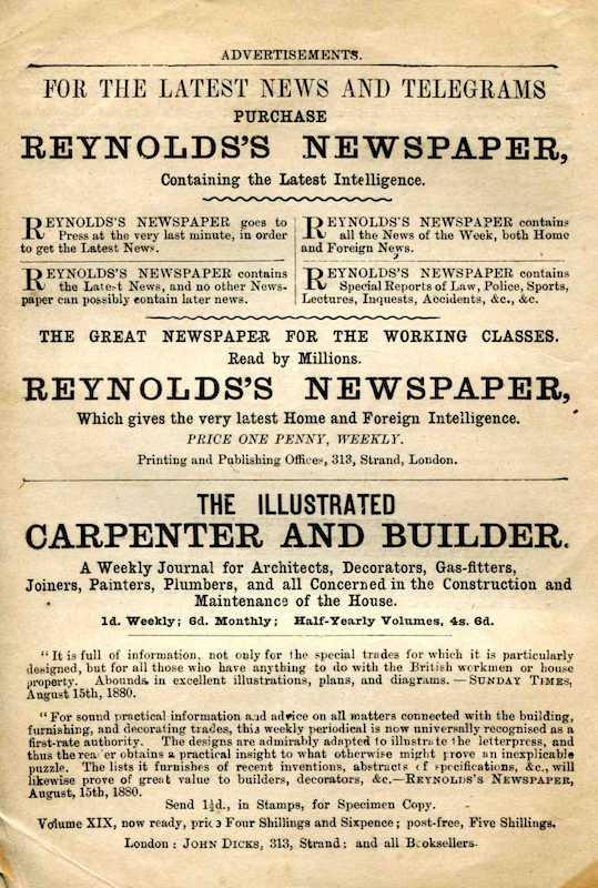 Advertisement for “Reynolds’s Newspaper” and “The Illustrated Carpenter and Builder”