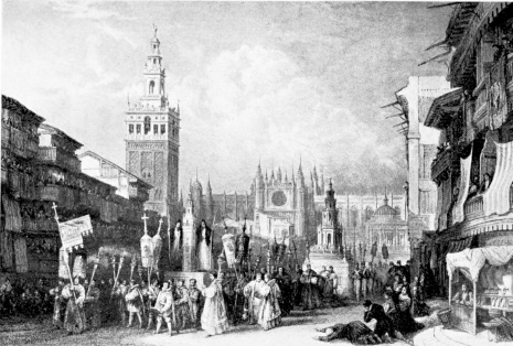 SEVILLE, 1836.  PLAZA REAL AND PROCESSION OF THE CORPUS CHRISTI.