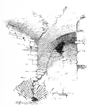 Theodosian Wall—a Broken Tower (inside).  We must turn away from the vaults of the ruined tower, and leave it as a symbol of the decay that eats out the heart of all nations who forget that their country’s greatness was built up only by the self-sacrifice of former generations.