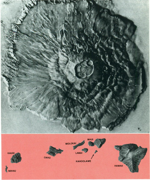 Mariner 9 imagery of Olympus Mons Volcano on Mars compared to the eight principal Hawaiian Islands at the same scale (Mariner 9 Image Mosaic, NASA/JPL).