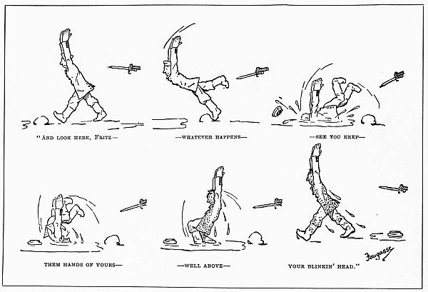 German soldier told at bayonet point to keep his hands above his head, trips turns a somersault and stands keepign hands above head