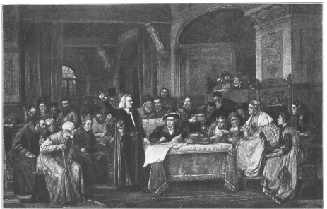 Columbus pleading his cause before King Ferdinand and Queen Isabella of Spain.