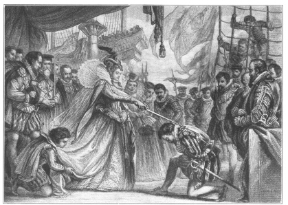 Queen Elizabeth knighting Drake on board the “Golden Hind”  {108}From the drawing by Sir John Gilbert, R.A.