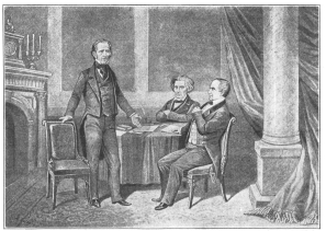 Clay, Calhoun and Webster, “The Statesmen of the Compromise.”  (From left to right.)  From the painting by A. Tholey