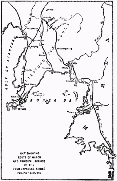 MAP SHOWING ROUTE OF MARCH AND PRINCIPAL ACTIONS OF THE FOUR JAPANESE ARMIES Feb. 7th-Sept. 4th.