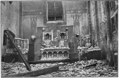 [Image unavailable: THE CHURCH AT TERMONDE IN RUINS.  Photo, Sport and General.  Face p. 101