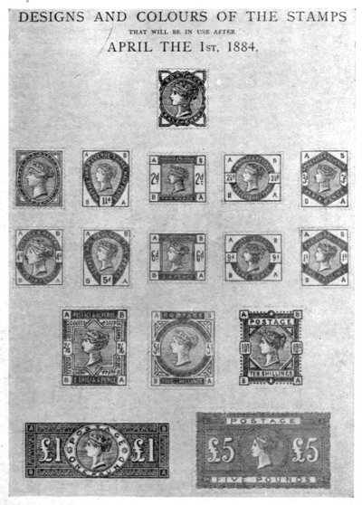 DESIGNS AND COLOURS OF THE STAMPS THAT WILL BE IN USE AFTER APRIL THE 1ST 1884.