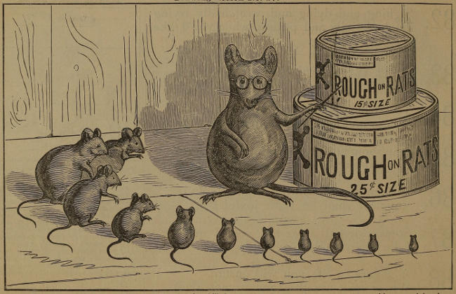 A large rat, bespectacled, pointing to tins of Rough on Rats and lecturing to a circle of diminishingly-sized rats.