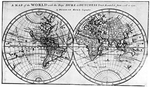 Image unavailable: THE TRACK OF THE DUKE AND DUTCHESS ROUND THE WORLD  Reproduction of the frontispiece to the first edition of Woodes Rogers’s book.