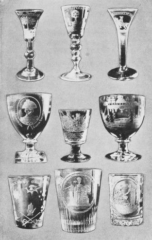 Image unavailable: Courtesy Brooklyn Museum of Art  Three Rare Williamite Glasses. Two English Glass Rummers Engraved with Nelson Subjects, and a smaller Jacobite Arms Rummer. Centre Tumbler Commemorates Coronation of George IV of England. Two 18th Century Tumblers