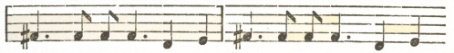 Music score: F# dotted crotchet, F# quaver, F# quaver, F# dotted crotchet, D crotchet, E crotchet.  This bar is then repeated once more