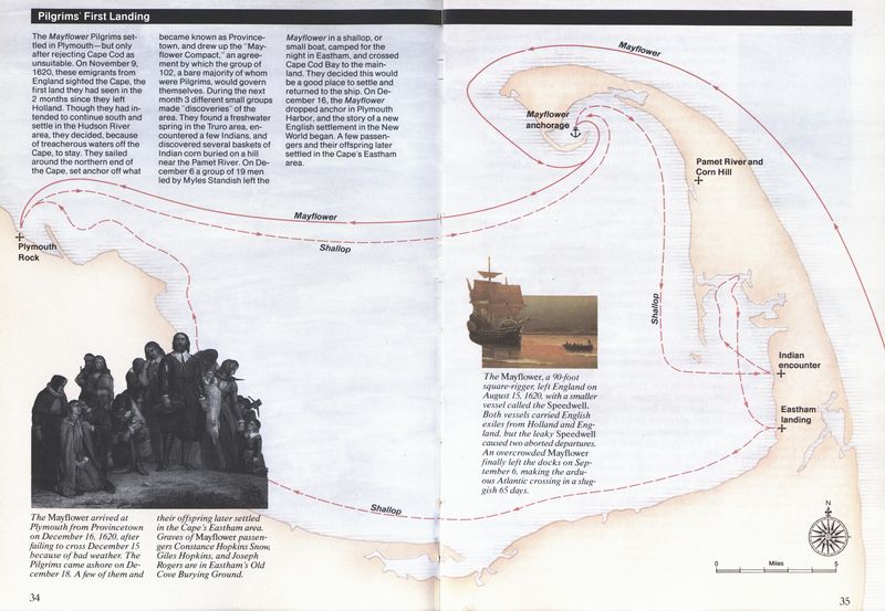 (Map showing path of the Mayflower and its shallop.   The Mayflower.   The Pilgrims come ashore.)