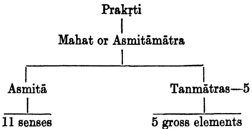 Prakṛti  Mahat or Asmitāmātra  Asmitā Tanmātras--5  11 senses 5 gross elements