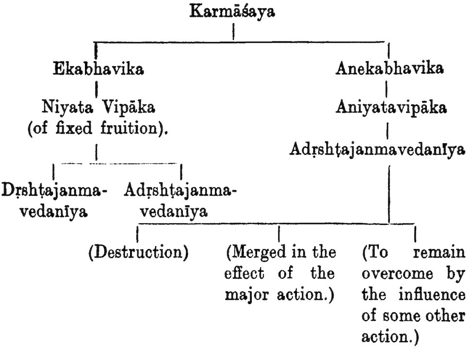 Karmāśaya  Ekabhavika Anekabhavika  Niyata Vipāka Aniyatavipāka  Adṛshṭajanmavedanīya Dṛshṭajanmavedanīya Adṛshṭajanmavedanīya  (Destruction) (Merged in the effect of the major action.) (To remain  overcome by  the influence  of some other  action.)